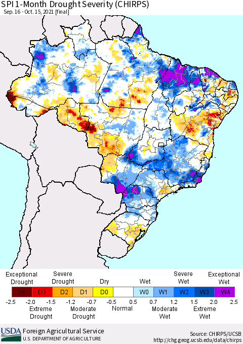 Brazil SPI 1-Month Drought Severity (CHIRPS) Thematic Map For 9/16/2021 - 10/15/2021