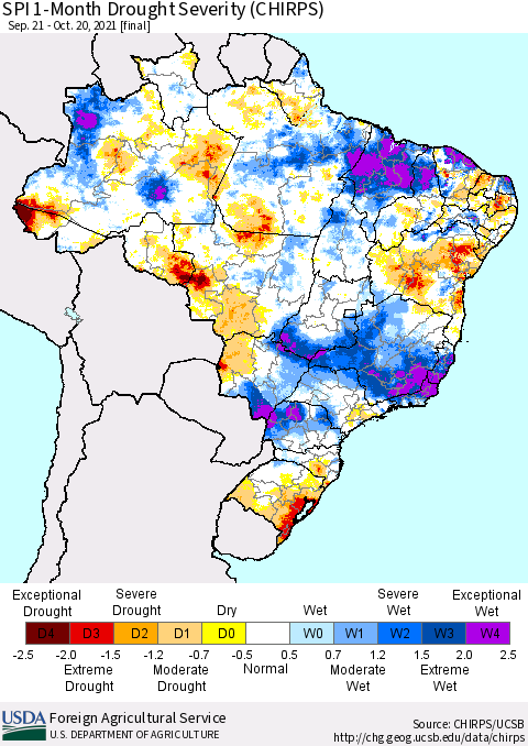 Brazil SPI 1-Month Drought Severity (CHIRPS) Thematic Map For 9/21/2021 - 10/20/2021