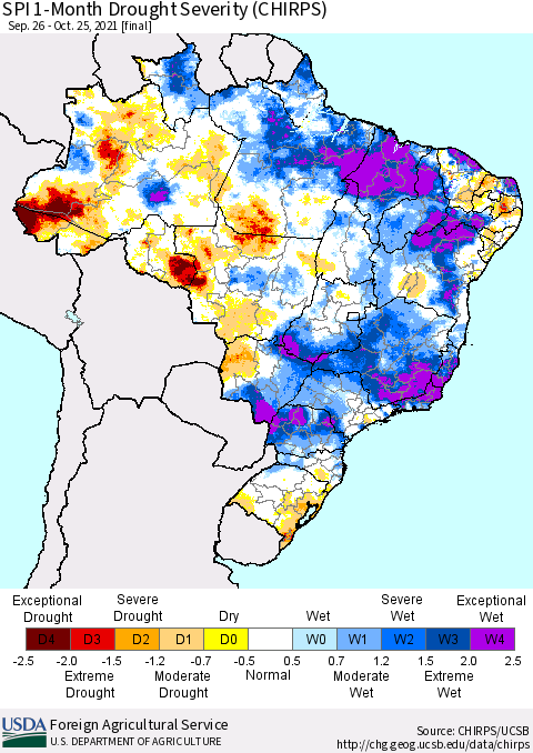 Brazil SPI 1-Month Drought Severity (CHIRPS) Thematic Map For 9/26/2021 - 10/25/2021