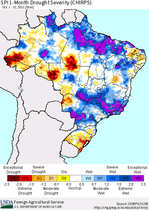 Brazil SPI 1-Month Drought Severity (CHIRPS) Thematic Map For 10/1/2021 - 10/31/2021