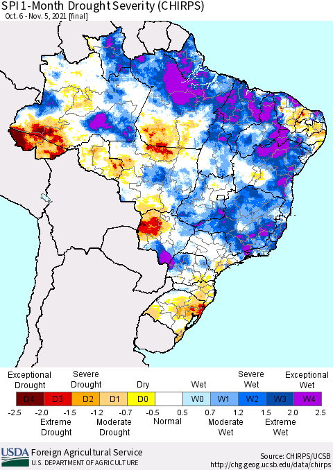 Brazil SPI 1-Month Drought Severity (CHIRPS) Thematic Map For 10/6/2021 - 11/5/2021