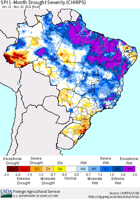 Brazil SPI 1-Month Drought Severity (CHIRPS) Thematic Map For 10/11/2021 - 11/10/2021