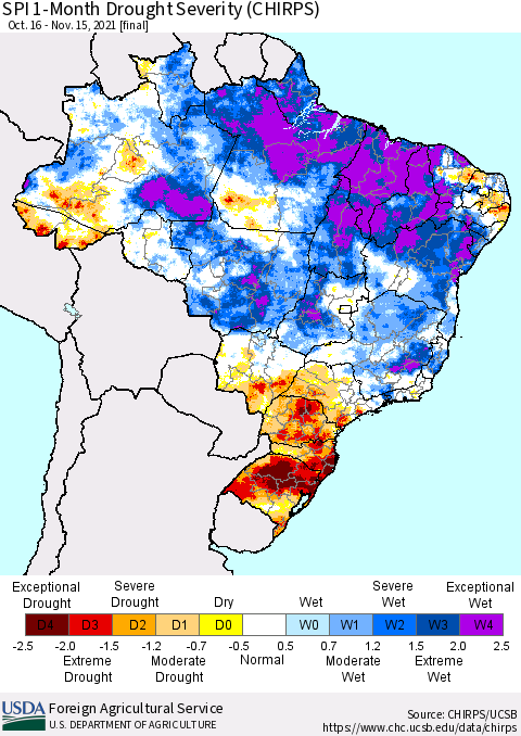 Brazil SPI 1-Month Drought Severity (CHIRPS) Thematic Map For 10/16/2021 - 11/15/2021