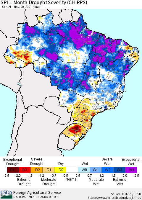 Brazil SPI 1-Month Drought Severity (CHIRPS) Thematic Map For 10/21/2021 - 11/20/2021