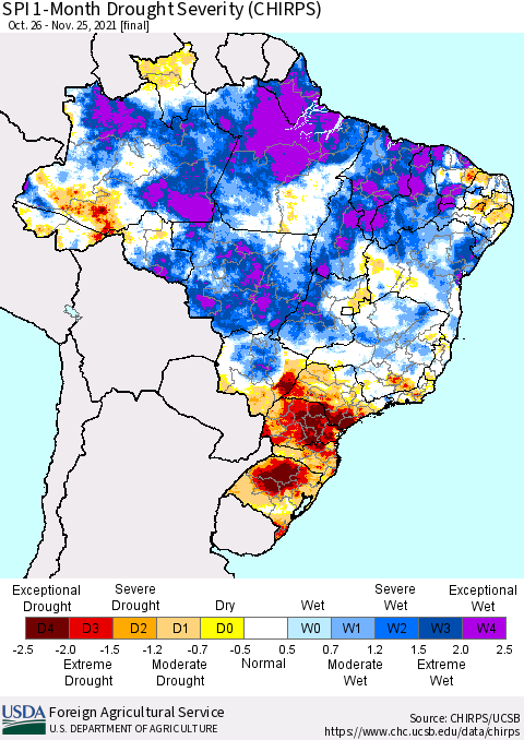 Brazil SPI 1-Month Drought Severity (CHIRPS) Thematic Map For 10/26/2021 - 11/25/2021