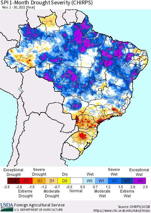 Brazil SPI 1-Month Drought Severity (CHIRPS) Thematic Map For 11/1/2021 - 11/30/2021