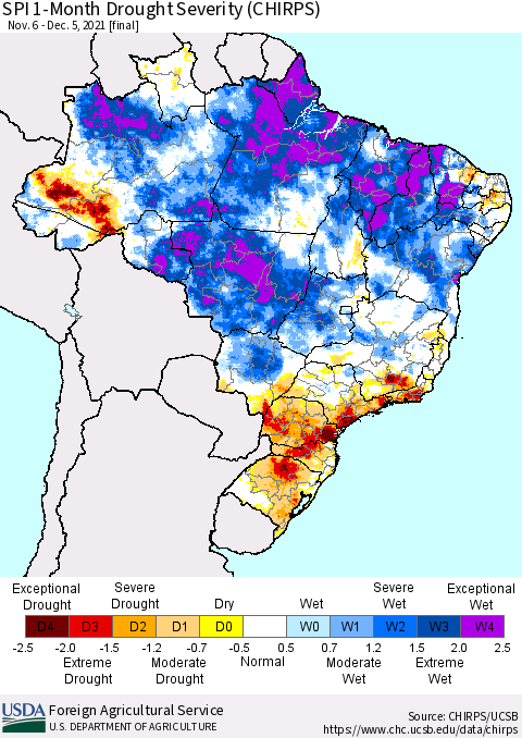 Brazil SPI 1-Month Drought Severity (CHIRPS) Thematic Map For 11/6/2021 - 12/5/2021