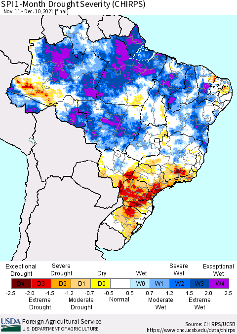 Brazil SPI 1-Month Drought Severity (CHIRPS) Thematic Map For 11/11/2021 - 12/10/2021