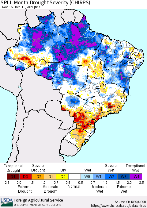 Brazil SPI 1-Month Drought Severity (CHIRPS) Thematic Map For 11/16/2021 - 12/15/2021