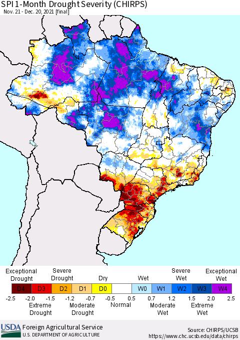 Brazil SPI 1-Month Drought Severity (CHIRPS) Thematic Map For 11/21/2021 - 12/20/2021