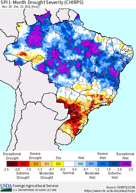 Brazil SPI 1-Month Drought Severity (CHIRPS) Thematic Map For 11/26/2021 - 12/25/2021