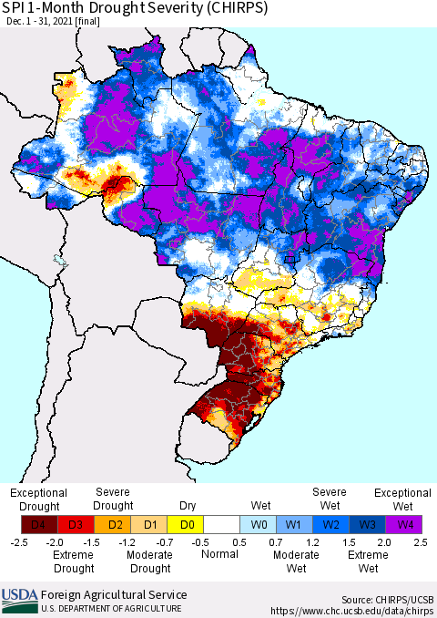 Brazil SPI 1-Month Drought Severity (CHIRPS) Thematic Map For 12/1/2021 - 12/31/2021