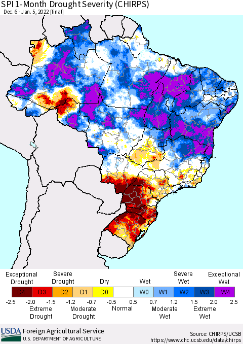 Brazil SPI 1-Month Drought Severity (CHIRPS) Thematic Map For 12/6/2021 - 1/5/2022