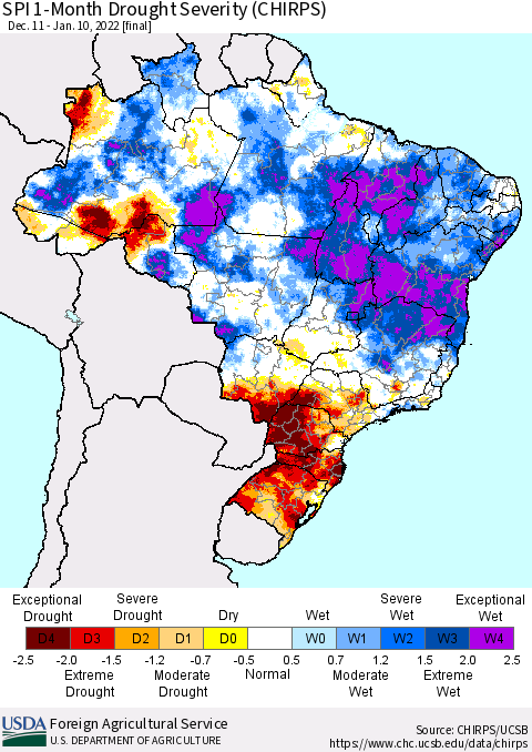 Brazil SPI 1-Month Drought Severity (CHIRPS) Thematic Map For 12/11/2021 - 1/10/2022