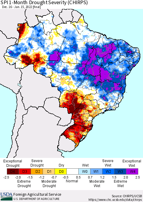 Brazil SPI 1-Month Drought Severity (CHIRPS) Thematic Map For 12/16/2021 - 1/15/2022