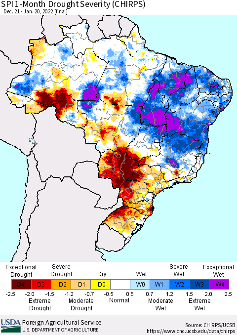 Brazil SPI 1-Month Drought Severity (CHIRPS) Thematic Map For 12/21/2021 - 1/20/2022