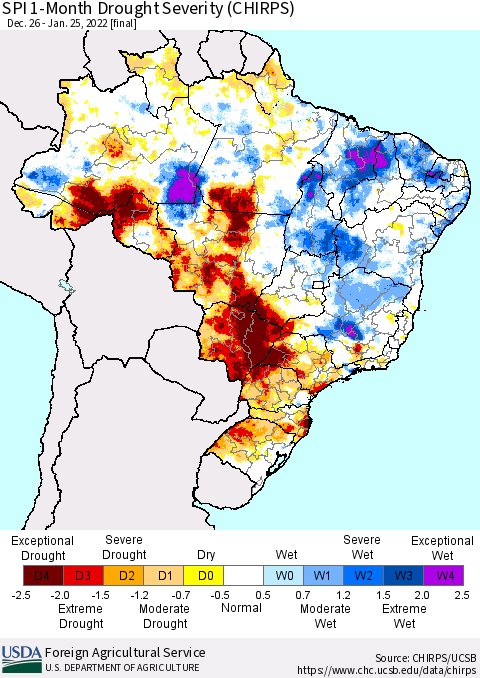 Brazil SPI 1-Month Drought Severity (CHIRPS) Thematic Map For 12/26/2021 - 1/25/2022