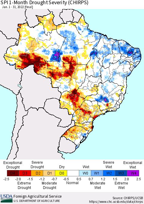 Brazil SPI 1-Month Drought Severity (CHIRPS) Thematic Map For 1/1/2022 - 1/31/2022