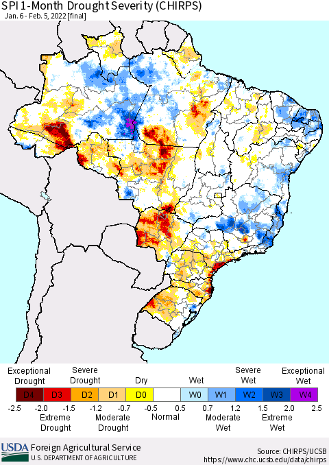 Brazil SPI 1-Month Drought Severity (CHIRPS) Thematic Map For 1/6/2022 - 2/5/2022