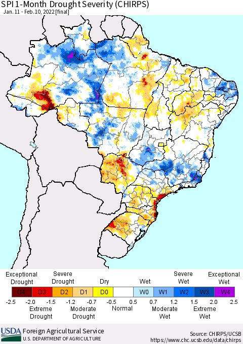 Brazil SPI 1-Month Drought Severity (CHIRPS) Thematic Map For 1/11/2022 - 2/10/2022