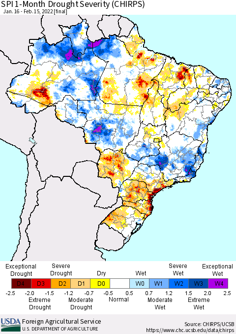 Brazil SPI 1-Month Drought Severity (CHIRPS) Thematic Map For 1/16/2022 - 2/15/2022