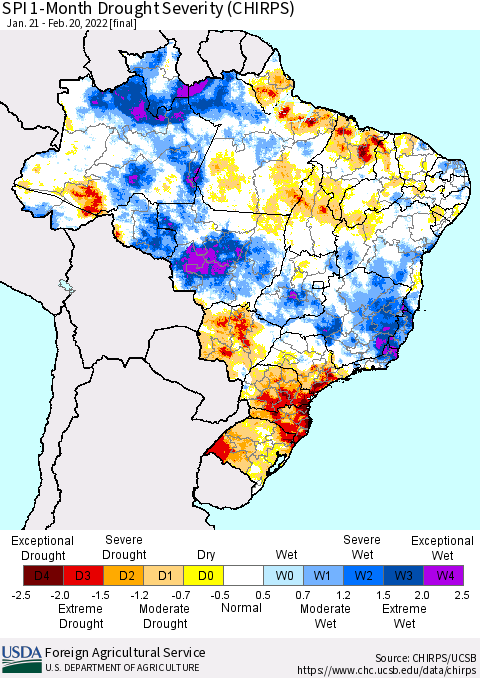 Brazil SPI 1-Month Drought Severity (CHIRPS) Thematic Map For 1/21/2022 - 2/20/2022