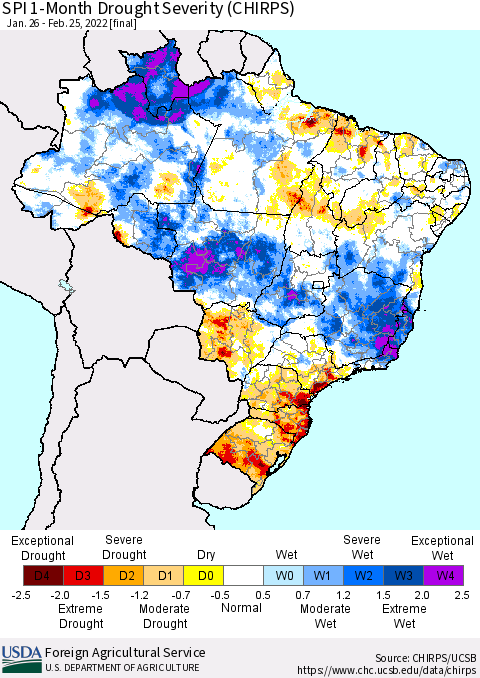 Brazil SPI 1-Month Drought Severity (CHIRPS) Thematic Map For 1/26/2022 - 2/25/2022