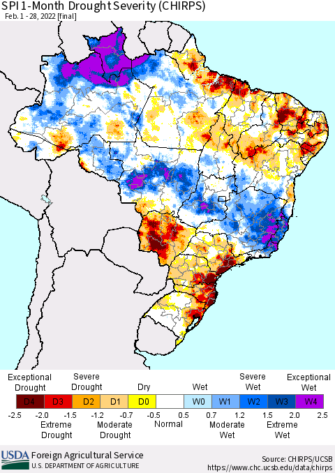 Brazil SPI 1-Month Drought Severity (CHIRPS) Thematic Map For 2/1/2022 - 2/28/2022