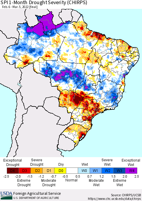 Brazil SPI 1-Month Drought Severity (CHIRPS) Thematic Map For 2/6/2022 - 3/5/2022