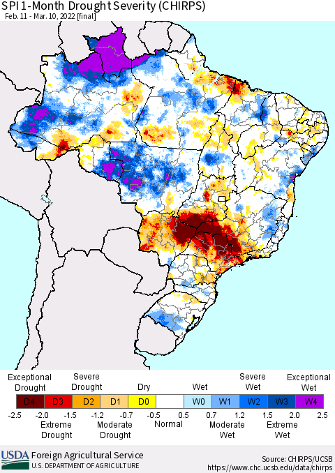 Brazil SPI 1-Month Drought Severity (CHIRPS) Thematic Map For 2/11/2022 - 3/10/2022