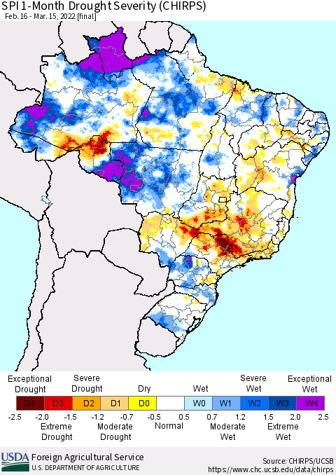 Brazil SPI 1-Month Drought Severity (CHIRPS) Thematic Map For 2/16/2022 - 3/15/2022