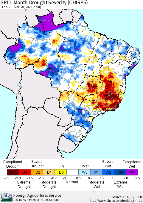 Brazil SPI 1-Month Drought Severity (CHIRPS) Thematic Map For 2/21/2022 - 3/20/2022