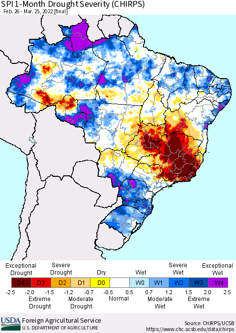 Brazil SPI 1-Month Drought Severity (CHIRPS) Thematic Map For 2/26/2022 - 3/25/2022