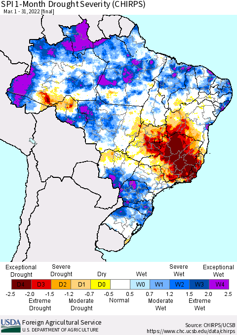 Brazil SPI 1-Month Drought Severity (CHIRPS) Thematic Map For 3/1/2022 - 3/31/2022
