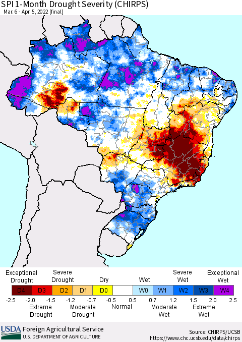 Brazil SPI 1-Month Drought Severity (CHIRPS) Thematic Map For 3/6/2022 - 4/5/2022