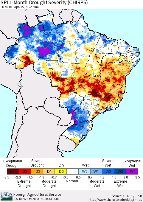 Brazil SPI 1-Month Drought Severity (CHIRPS) Thematic Map For 3/16/2022 - 4/15/2022