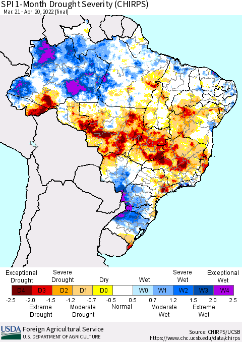 Brazil SPI 1-Month Drought Severity (CHIRPS) Thematic Map For 3/21/2022 - 4/20/2022