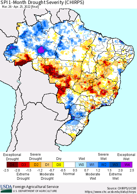 Brazil SPI 1-Month Drought Severity (CHIRPS) Thematic Map For 3/26/2022 - 4/25/2022