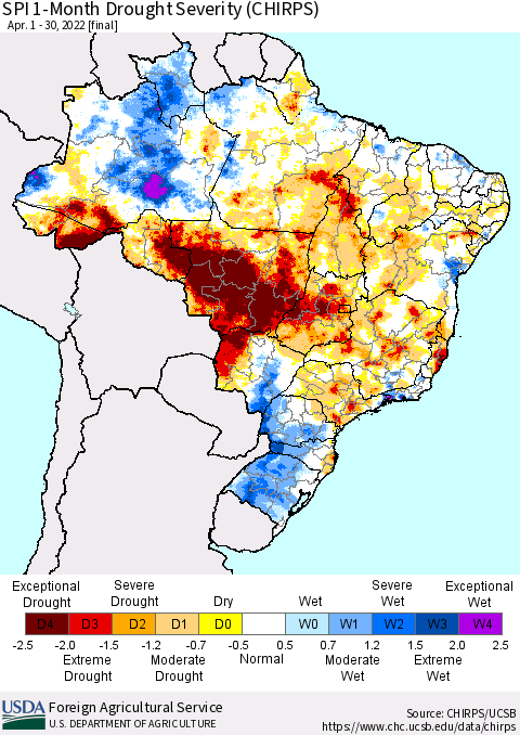 Brazil SPI 1-Month Drought Severity (CHIRPS) Thematic Map For 4/1/2022 - 4/30/2022