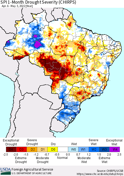 Brazil SPI 1-Month Drought Severity (CHIRPS) Thematic Map For 4/6/2022 - 5/5/2022