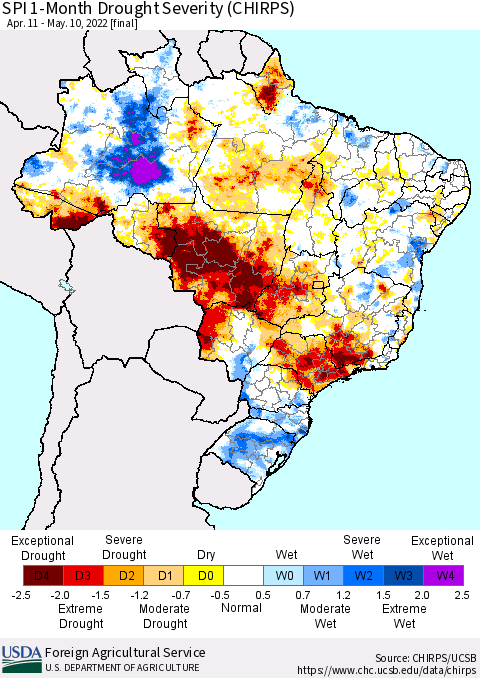 Brazil SPI 1-Month Drought Severity (CHIRPS) Thematic Map For 4/11/2022 - 5/10/2022