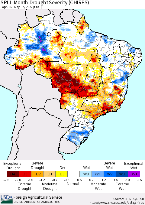 Brazil SPI 1-Month Drought Severity (CHIRPS) Thematic Map For 4/16/2022 - 5/15/2022