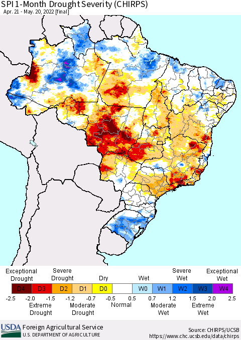 Brazil SPI 1-Month Drought Severity (CHIRPS) Thematic Map For 4/21/2022 - 5/20/2022