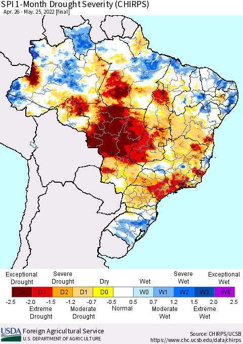 Brazil SPI 1-Month Drought Severity (CHIRPS) Thematic Map For 4/26/2022 - 5/25/2022