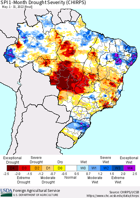 Brazil SPI 1-Month Drought Severity (CHIRPS) Thematic Map For 5/1/2022 - 5/31/2022