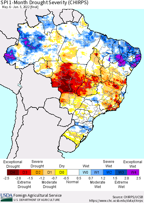 Brazil SPI 1-Month Drought Severity (CHIRPS) Thematic Map For 5/6/2022 - 6/5/2022