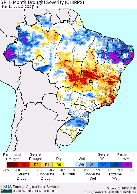 Brazil SPI 1-Month Drought Severity (CHIRPS) Thematic Map For 5/11/2022 - 6/10/2022