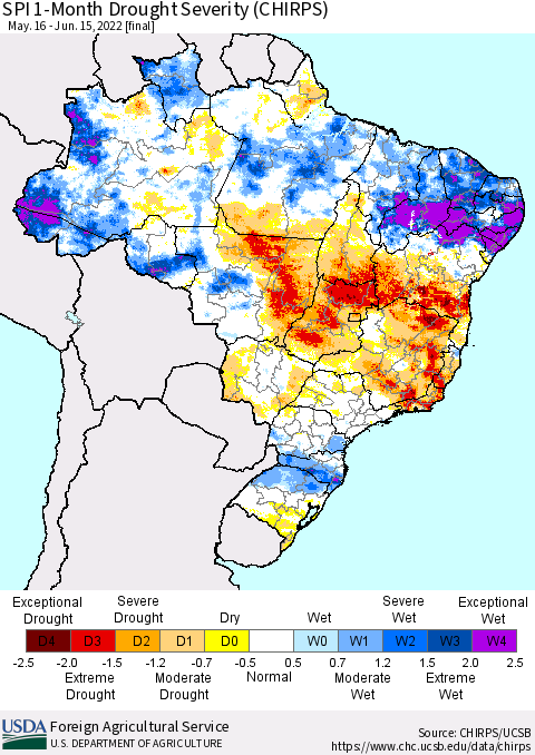 Brazil SPI 1-Month Drought Severity (CHIRPS) Thematic Map For 5/16/2022 - 6/15/2022