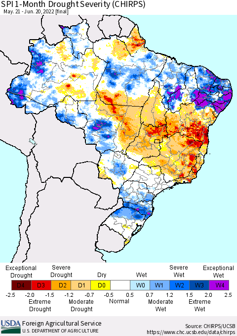 Brazil SPI 1-Month Drought Severity (CHIRPS) Thematic Map For 5/21/2022 - 6/20/2022
