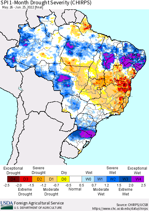 Brazil SPI 1-Month Drought Severity (CHIRPS) Thematic Map For 5/26/2022 - 6/25/2022